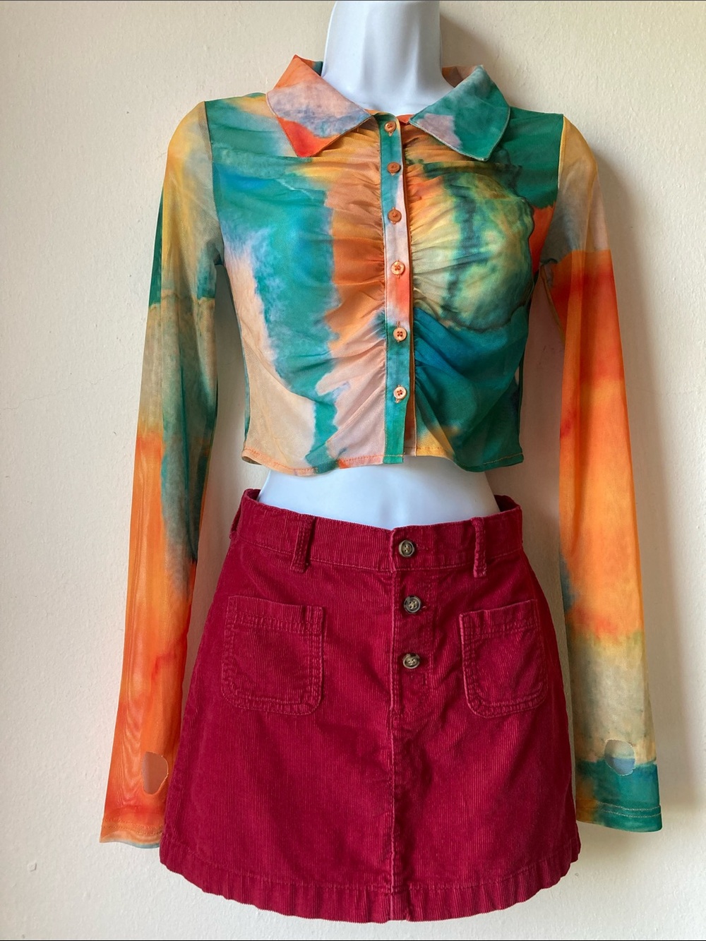 Tiger Mist mesh crop button up shirt S multicolor tie dye
